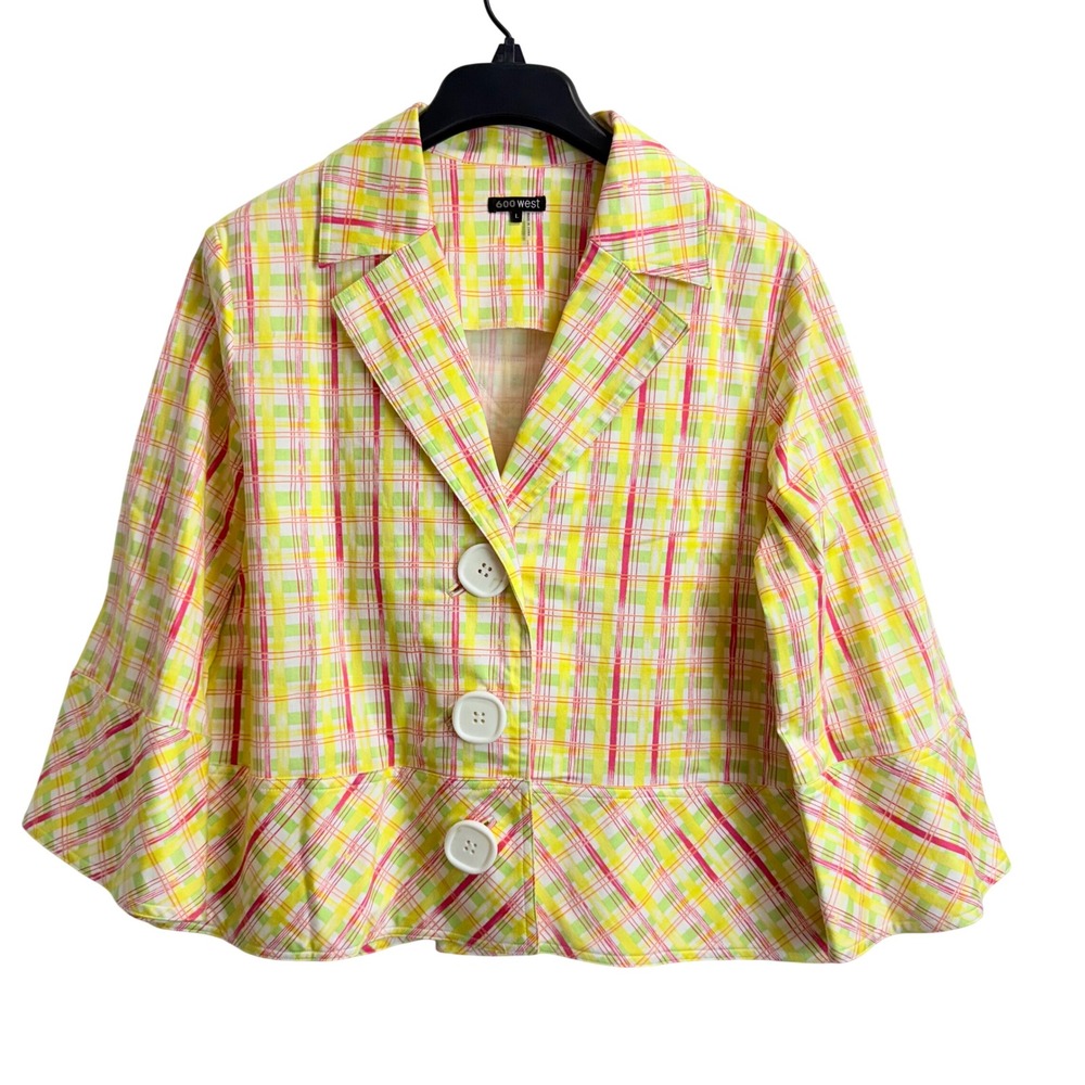 600 West Womens Yellow Pink Plaid Cropped Blazer Swing Jacket Size L 3/4 Sleeve